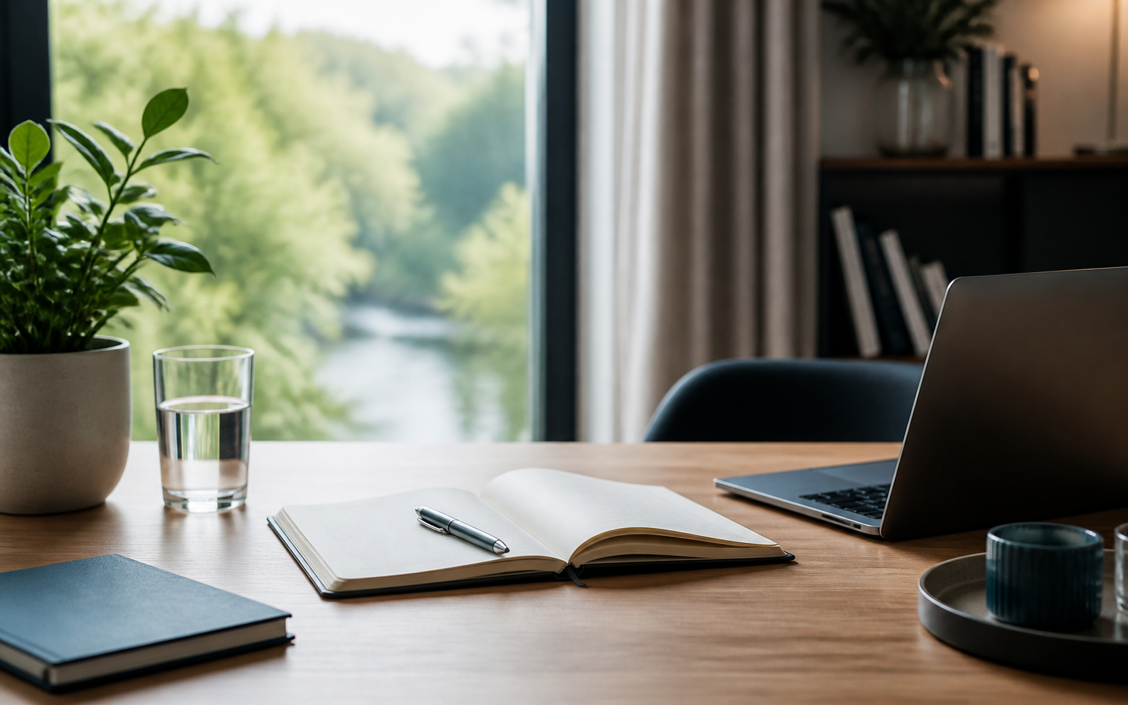 Ruhiger Beratungsarbeitsplatz mit Notebook, Stift, Pflanze und Tageslicht