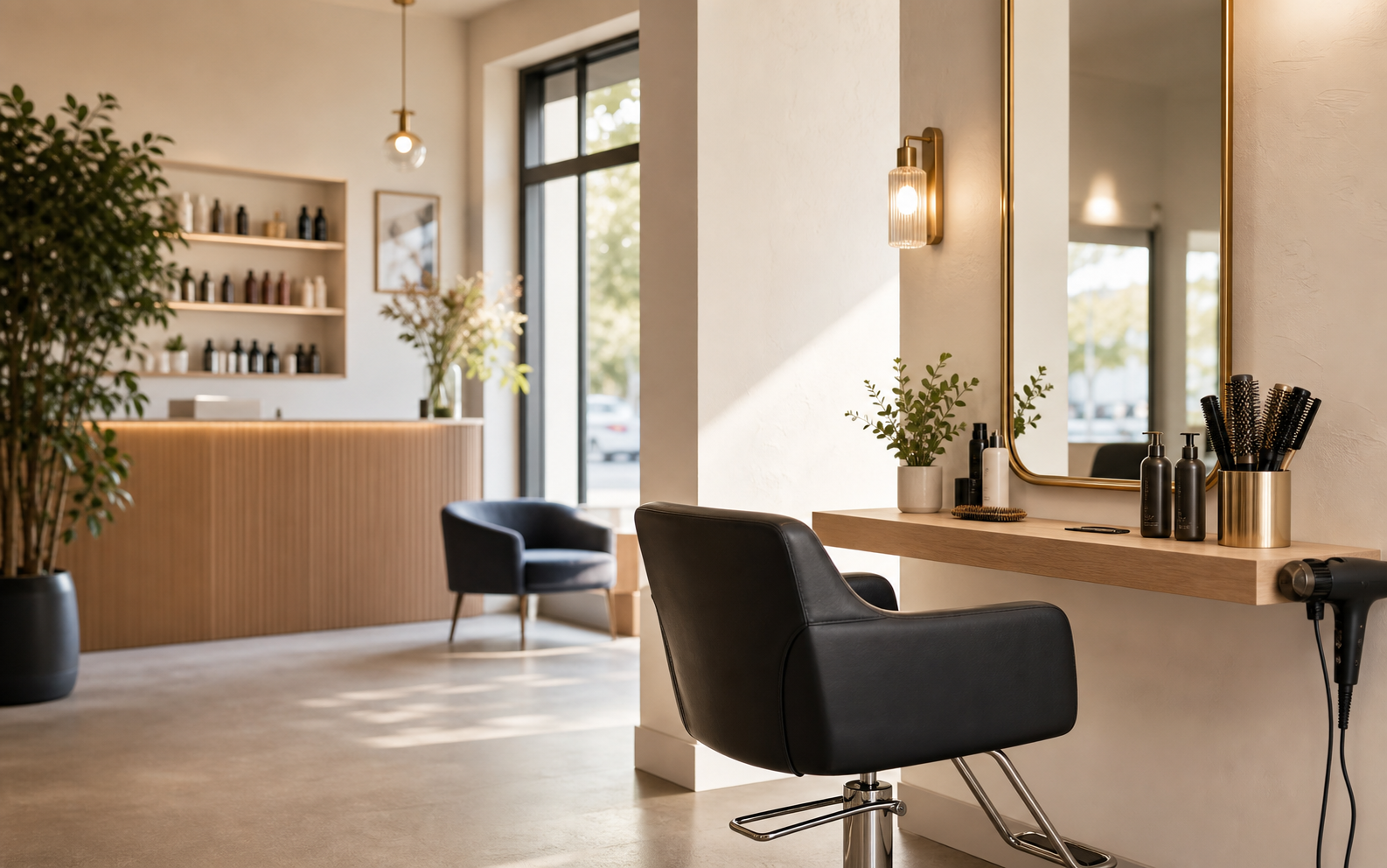 Heller Friseursalon mit Stylingstuhl, Spiegel, Pflanzen und warmem Tageslicht