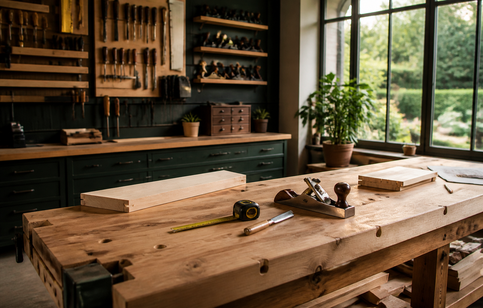 Aufgeräumte Werkbank mit Holz, Werkzeugen und warmem Tageslicht