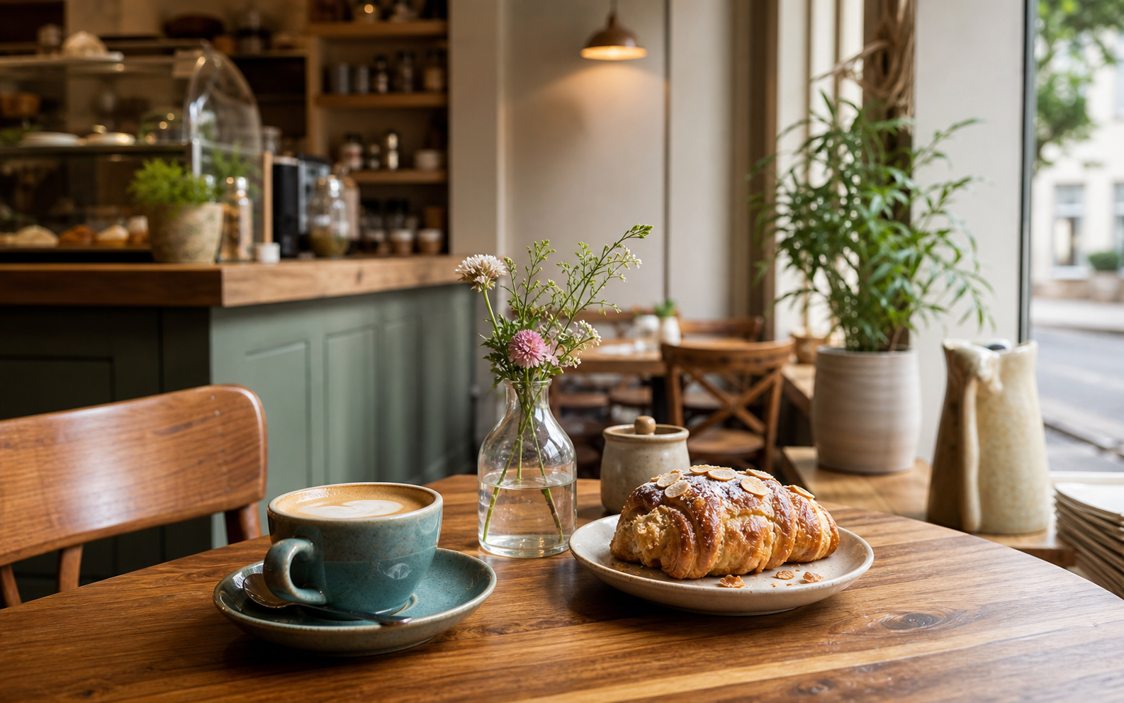 Cappuccino, Gebäck und kleine Vase auf einem warmen Cafétisch