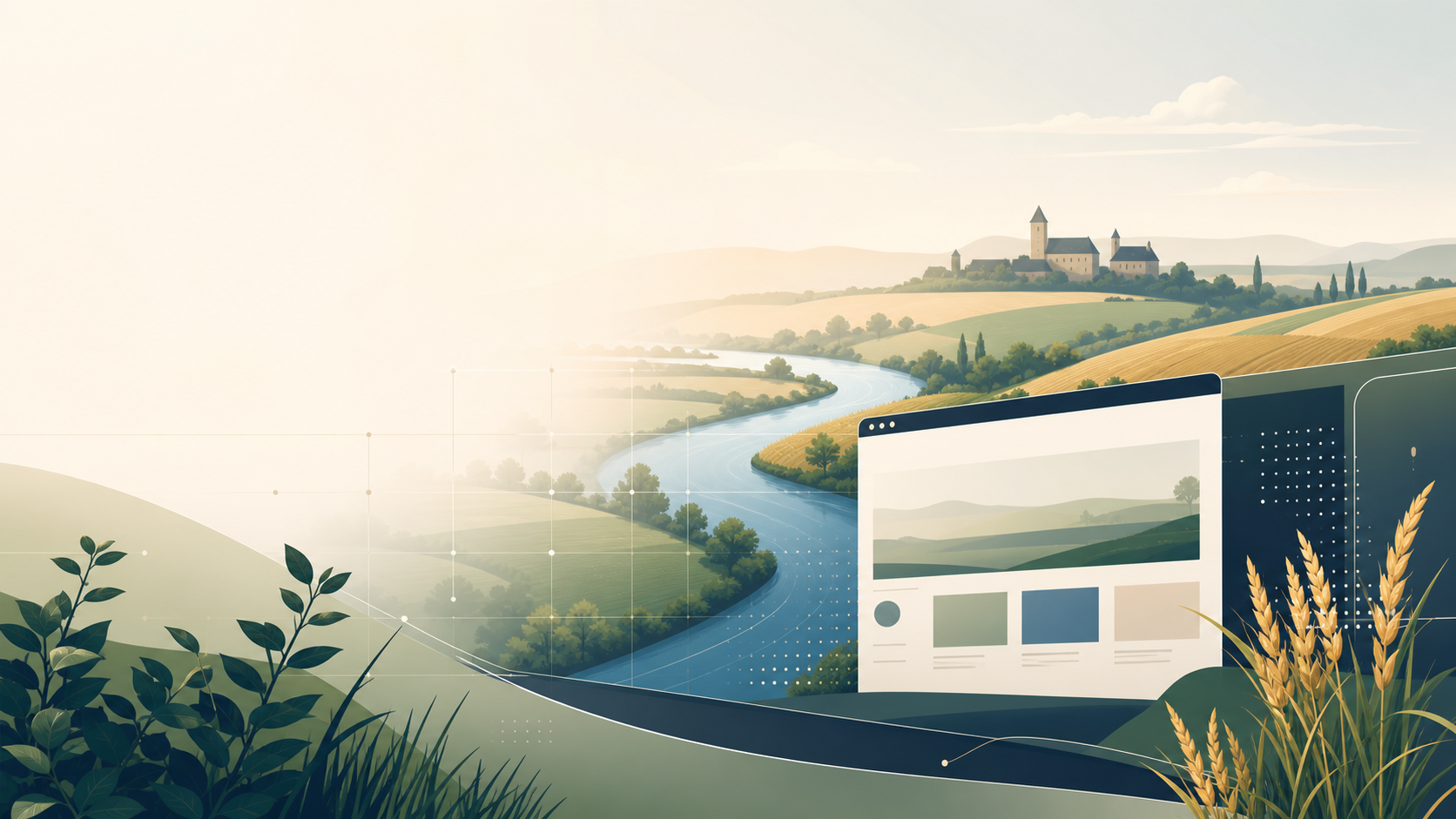 Abstrakte Wetterau-Landschaft mit Fluss, Feldern und moderner Website-Vorschau